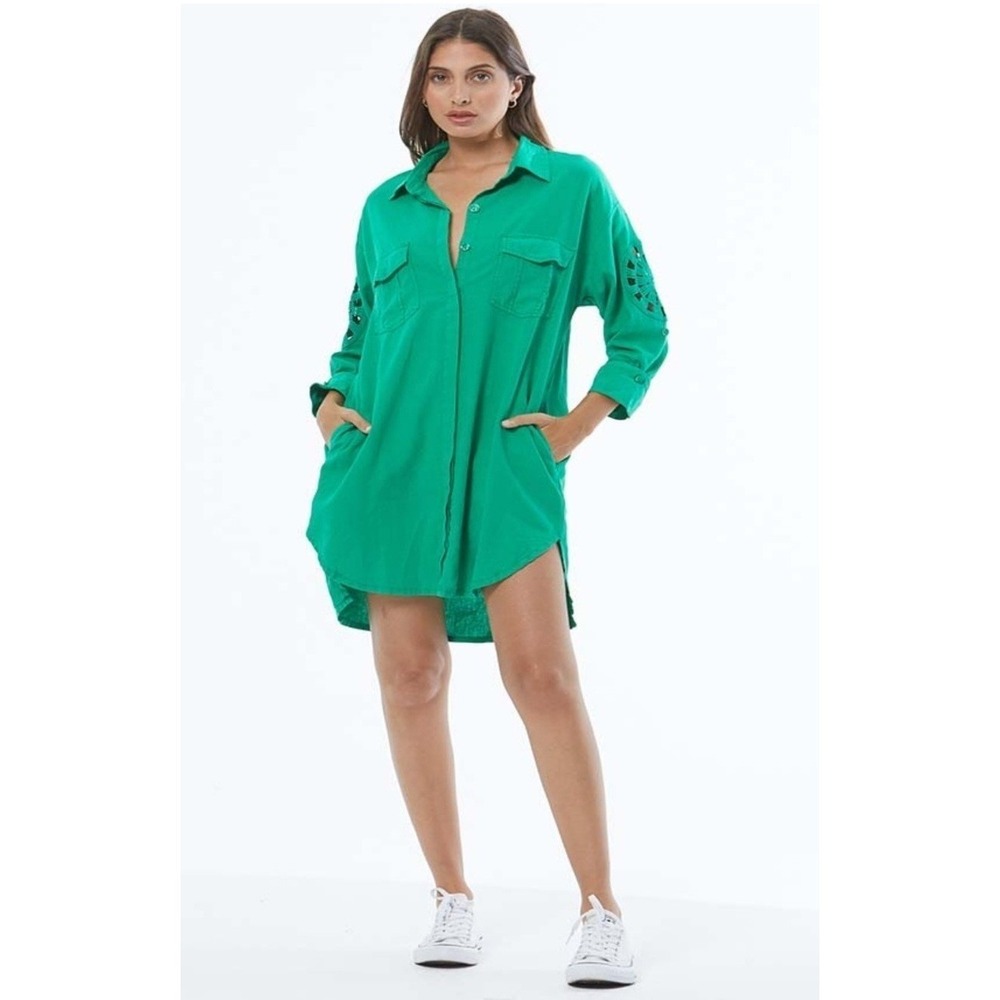 YFB Young Famous & Broke Women Sm Green Dress Crochet Sleeve Linen Blend Boho